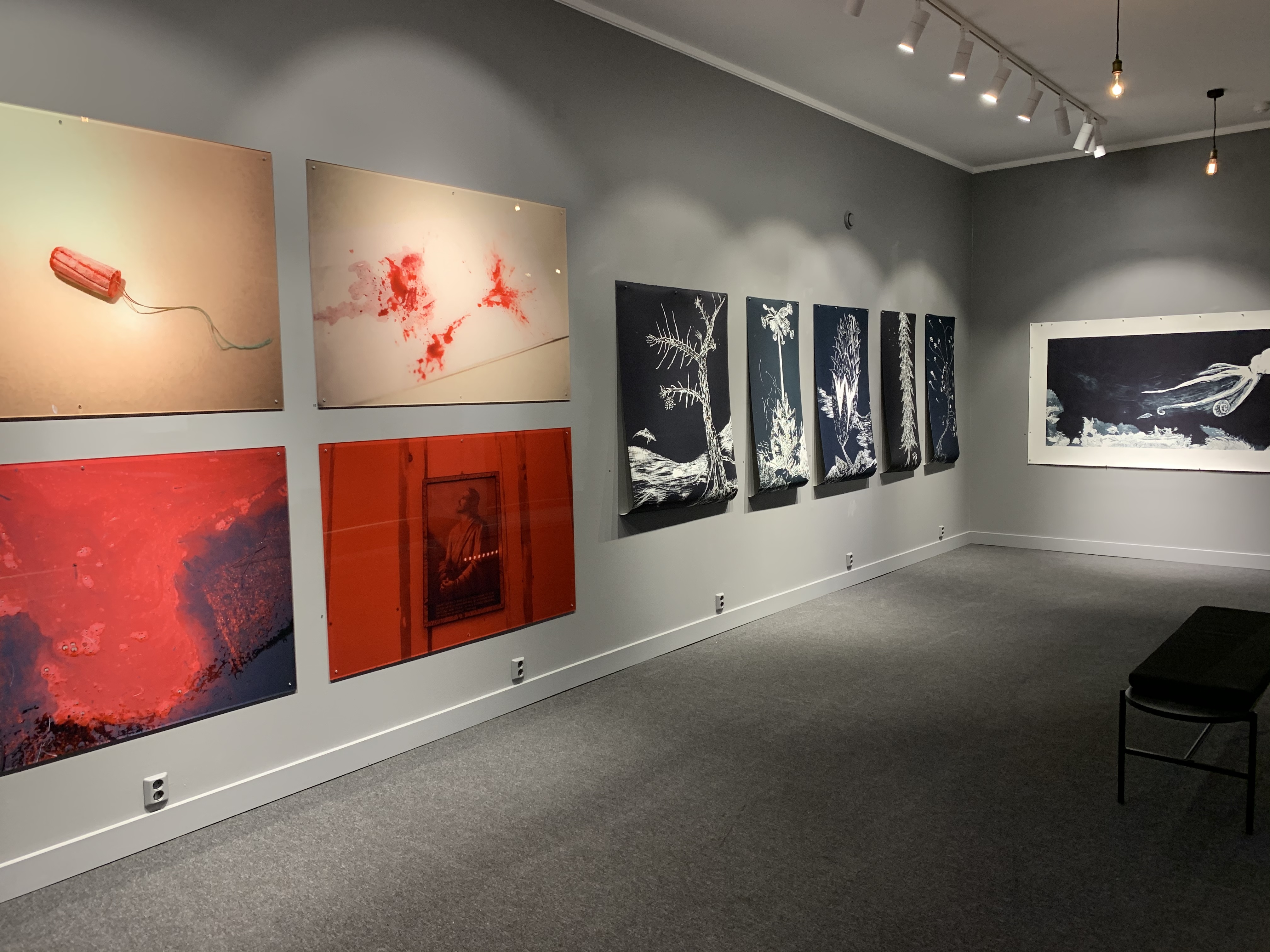 Picture of exhibition called Sápmi samtid in Oslo. Art by Susanne Hætta.